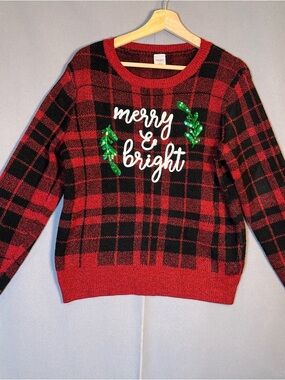 Merry & Bright Red Black Buffalo Plaid Holiday Christmas Sweater SzL
